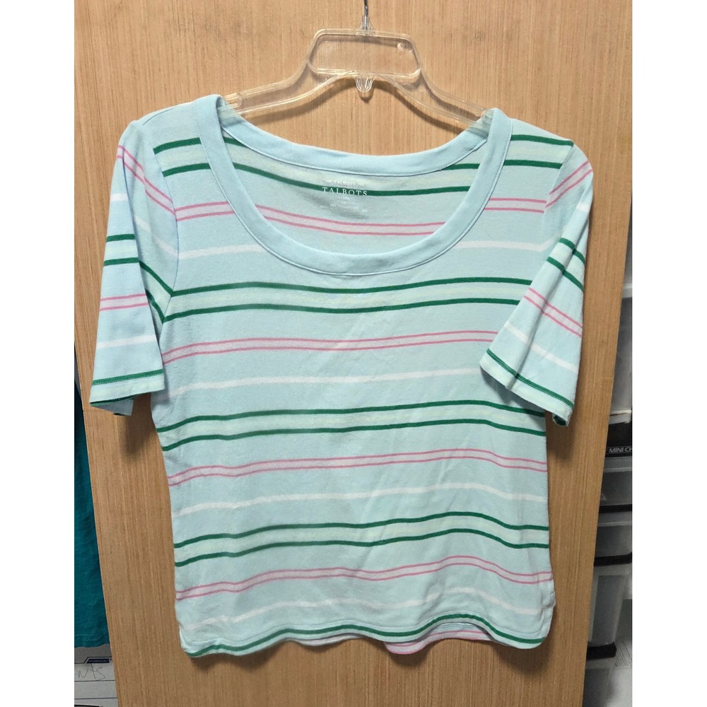Talbots Size LP Striped Tee Shirt Crew Neck Short‎ Sleeve Casual Top 100% Cotton